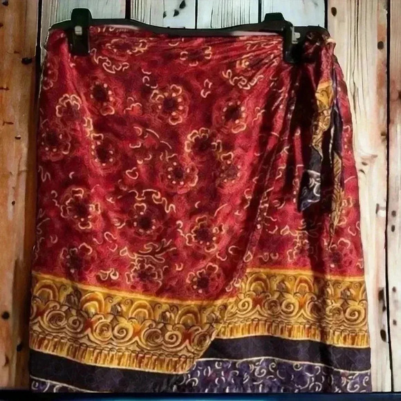 Studio Maroon Gold Navy Wraparound Skirt Women’s Med Boho Chic Statement Piece - Picture 4 of 4